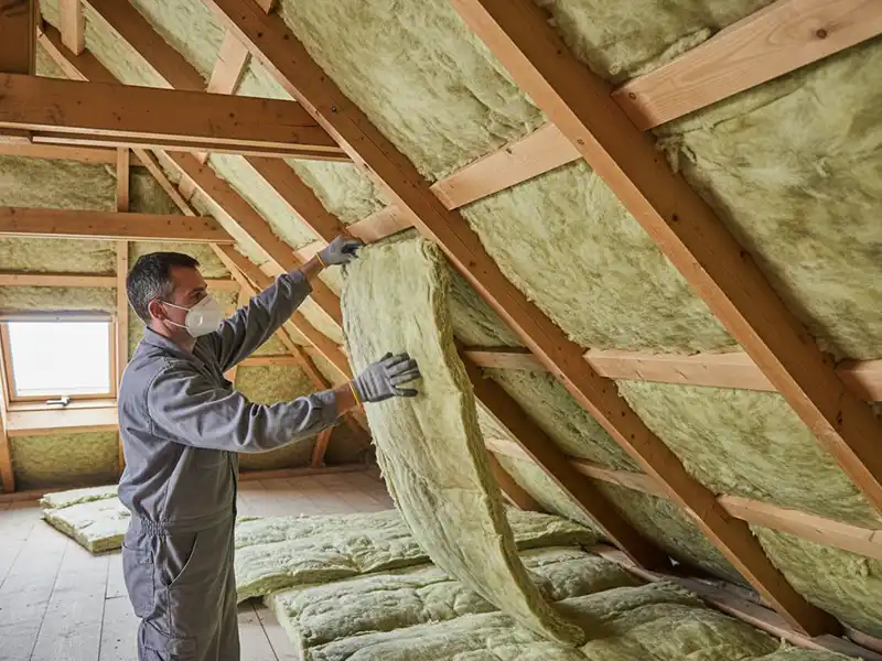 Amélioration isolation - Couverture Travaux Une personne portant des gants et un masque facial pose d'épais panneaux d'isolation en fibre de verre entre des poutres de toit en bois dans un grenier, contribuant ainsi à l'amélioration de l'isolation. Des rouleaux d'isolant sont posés sur le plancher en bois à côté d'eux.