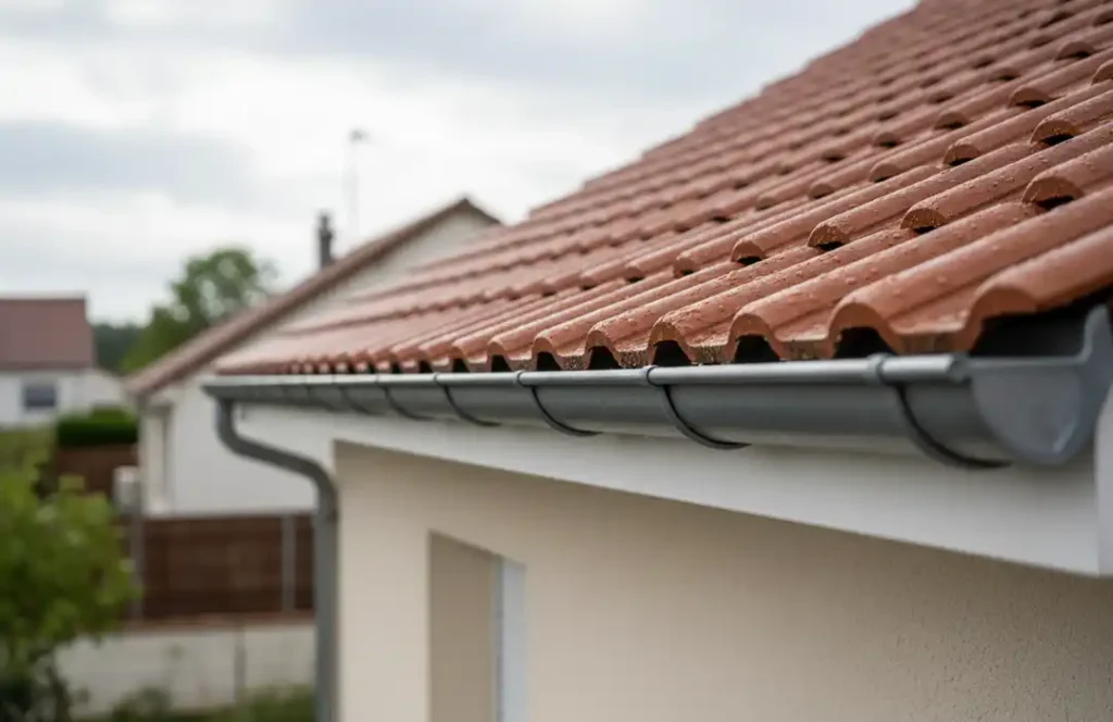 Choisir la bonne gouttière pour sa maison - Couverture Travaux Vue rapprochée d'un toit de maison avec des tuiles en terre cuite brun-rouge et un système de gouttières en métal gris, illustrant l'importance de choisir la bonne gouttière pour sa maison.