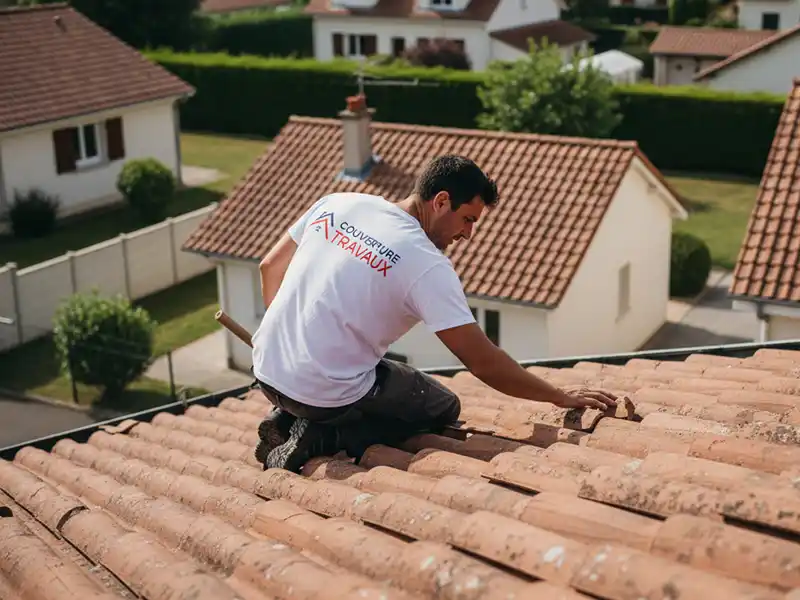 Un Couvreur Essonne en chemise blanche Couverture Travaux est agenouill&eacute; sur un toit de tuiles, nettoyant ou inspectant les tuiles. On aper&ccedil;oit &agrave; l'arri&egrave;re-plan plusieurs maisons aux toits rouges et une haie verte.