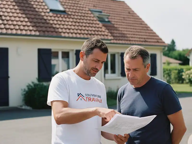 Deux hommes se tiennent &agrave; l'ext&eacute;rieur d'une maison ; l'un d'eux, v&ecirc;tu d'une chemise blanche sur laquelle est imprim&eacute; Couverture Travaux, montre un Devis couvreur, tandis que l'autre, v&ecirc;tu d'une chemise sombre, regarde attentivement le document.