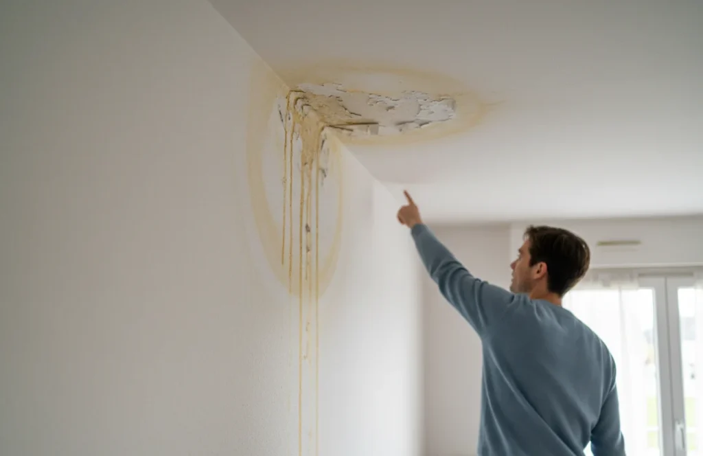 Fuite de toiture - stopper les infiltrations - Couverture Travaux Un homme vêtu d'un pull bleu montre une grosse fuite d'eau tachée de jaune - signe d'une possible fuite de toiture - et une peinture écaillée sur le plafond et le mur d'une pièce blanche éclairée par la lumière naturelle d'une fenêtre.