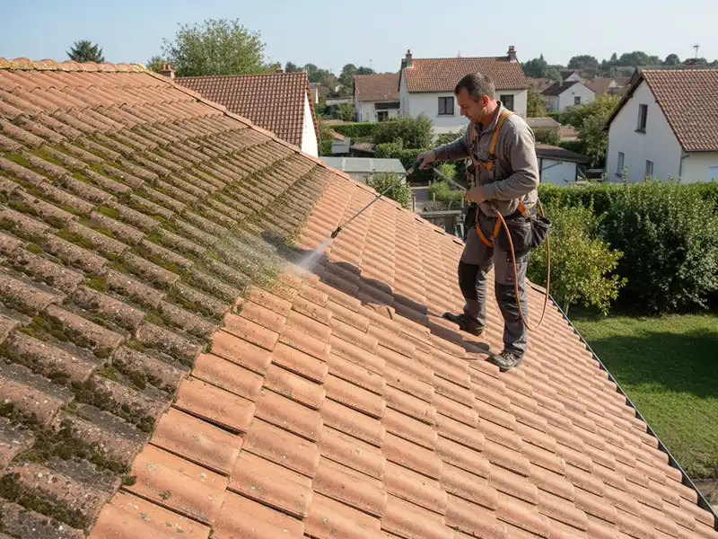 Un homme en tenue de s&eacute;curit&eacute; pulv&eacute;rise une solution de nettoyage sur un toit de tuiles en pente recouvert de mousse, d&eacute;montrant un nettoyage efficace toiture en Essonne, avec des maisons et de la verdure en arri&egrave;re-plan.