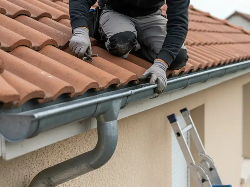 Un couvreur portant des gants et des v&ecirc;tements de travail s'agenouille pour r&eacute;parer ou effectuer une pose de goutti&egrave;re sur un toit en tuiles, &agrave; l'aide d'outils. Une &eacute;chelle se trouve &agrave; c&ocirc;t&eacute; de la maison, un tuyau de descente &eacute;tant visible &agrave; proximit&eacute;.