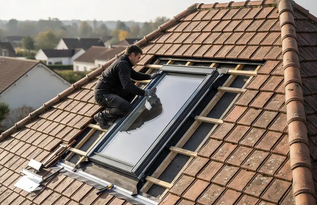 Pose de velux – quel cout – Couverture Travaux Un couvreur est agenouillée sur un toit en tuiles et réalise la pose de velux, installant une grande fenêtre de toit au milieu d'une charpente en bois et d'outils, avec des maisons et des arbres visibles à l'arrière-plan.
