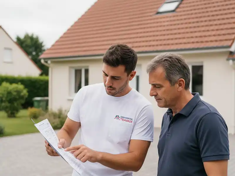 Prix nettoyage toiture 91 - Couverture Travaux Deux hommes se tiennent à l'extérieur devant une maison ; l'un, en chemise blanche, montre un document et le pointe du doigt, pour discuter du prix d'un nettoyage de toiture dans le 91, tandis que l'autre, en chemise bleue, regarde attentivement.