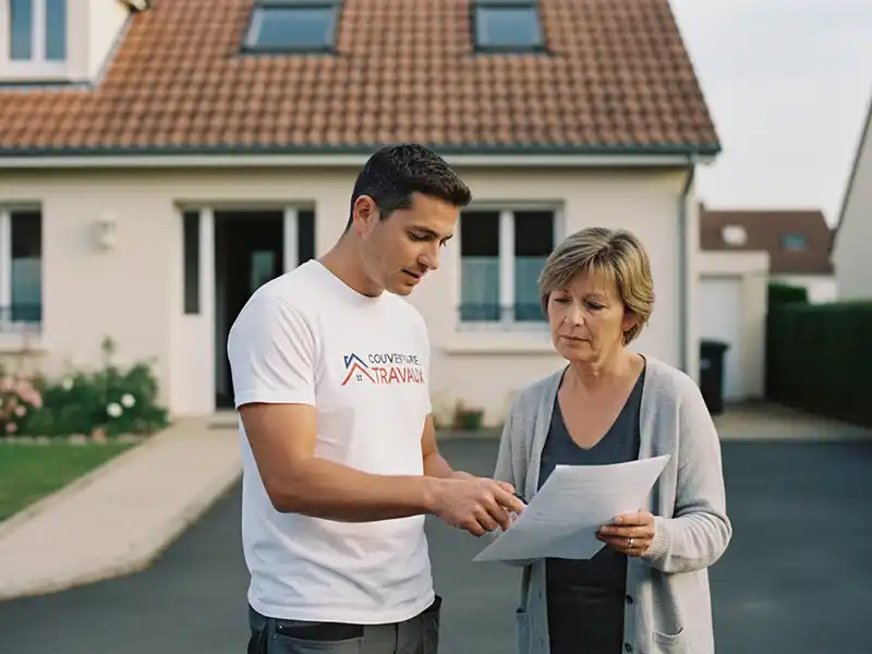Prix rénovation toiture - Couverture Travaux Un homme en t-shirt blanc et une femme en pull gris se tiennent devant une maison, regardant et discutant ensemble des documents, en examinant le prix pour le projet de rénovation de toiture à venir.