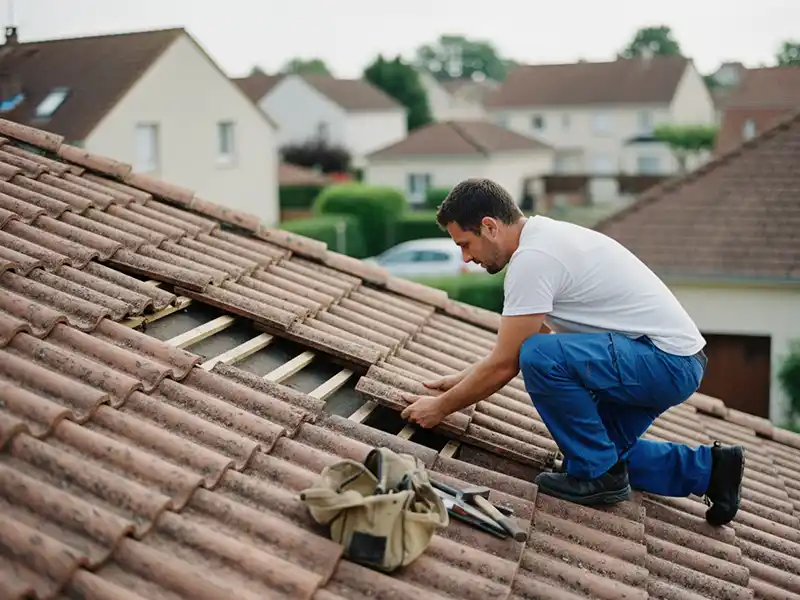 Un homme v&ecirc;tu d'une chemise blanche et d'un pantalon bleu est agenouill&eacute; sur un toit de tuiles en pente, effectuant peut-&ecirc;tre une recherche de fuite alors qu'il r&eacute;pare ou remplace des tuiles. Des outils et un sac &agrave; outils se trouvent &agrave; c&ocirc;t&eacute; de lui. Des maisons et de la verdure sont visibles &agrave; l'arri&egrave;re-plan.