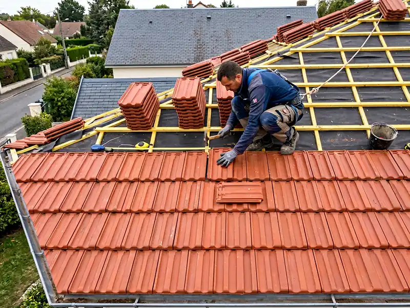 R&eacute;novation de toiture par un couvreur exp&eacute;riment&eacute; : un ouvrier gant&eacute; installe des tuiles rouges sur une charpente en bois, alignant chaque tuile avec soin. Des piles de tuiles et des outils reposent &agrave; proximit&eacute;, entour&eacute;s de maisons et de verdure.