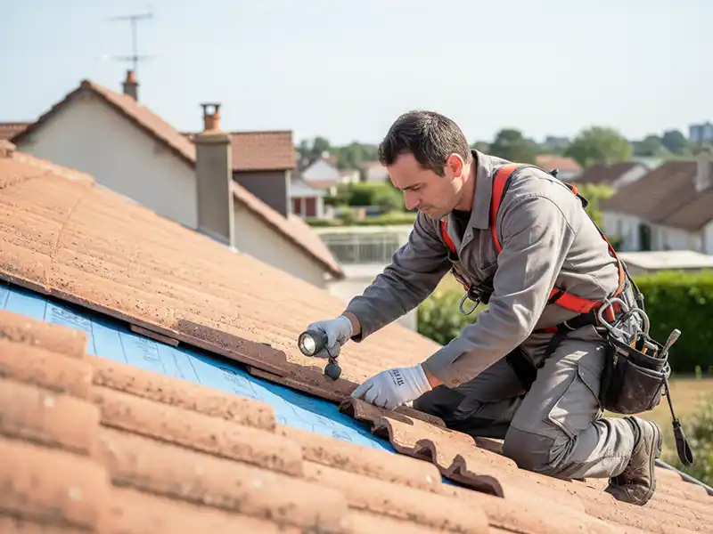 Réparation de toiture en Essonne Un ouvrier en combinaison grise et équipement de sécurité est agenouillé sur un toit en tuiles, effectuant une réparation de toiture en Essonne avec un outil à la main par une journée ensoleillée. Des maisons et de la verdure sont visibles à l'arrière-plan.