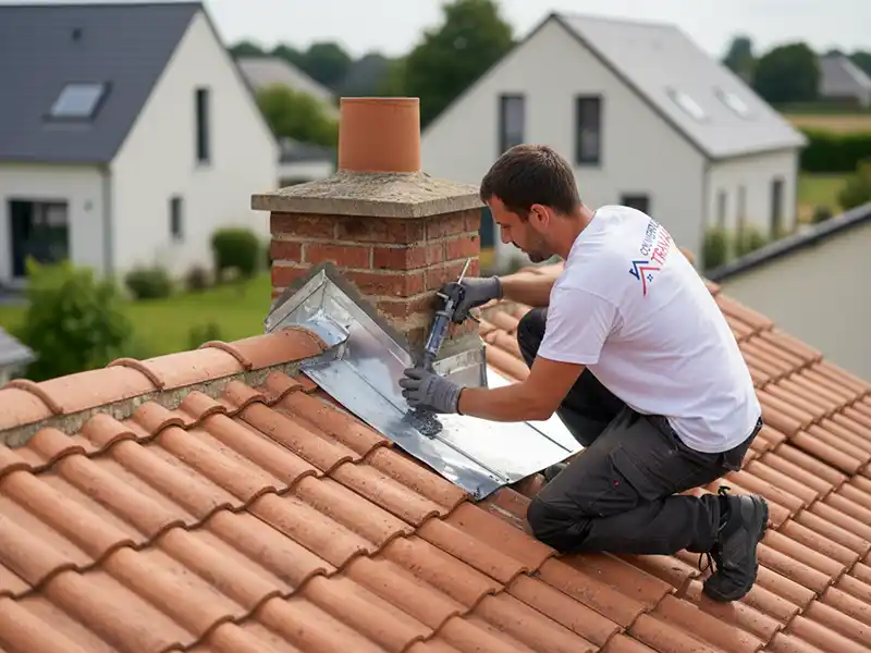Reprise étanchéité de la toiture - Couverture Travaux Un homme portant des gants de travail et un T-shirt blanc est agenouillé sur un toit en tuiles, effectuant une reprise étanchéité de la toiture en appliquant du mastic autour d'une cheminée en briques à l'aide d'un pistolet à calfeutrer. Des maisons modernes et de la verdure sont visibles à l'arrière-plan.