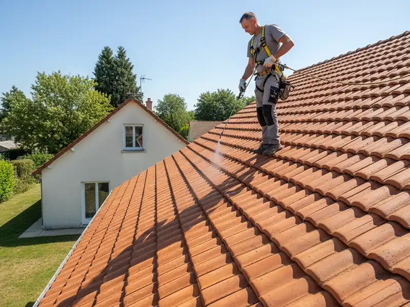 Traitement hydrofuge 91 - Couverture Travaux Un couvreur en tenue de sécurité applique un traitement hydrofuge à l'aide d'un nettoyeur à pression pour nettoyer le toit en tuiles rouges lors d'une journée ensoleillée, tandis qu'une autre maison et des arbres sont visibles à l'arrière-plan.