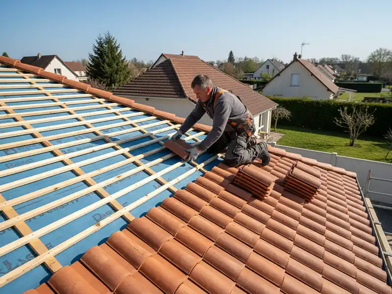 Travaux de rénovation toiture - Couverture Travaux Un ouvrier portant des équipements de sécurité pose des tuiles en terre cuite rouge sur une charpente en bois lors de travaux de rénovation de toiture, avec d'autres tuiles empilées à côté de lui. Des maisons résidentielles et de la verdure sont visibles à l'arrière-plan.