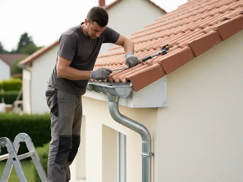Zingeur Essonne - Couverture Travaux Un zingueur en Essonne se tient sur une échelle, installant ou réparant une gouttière sur le bord du toit d'une maison. Il utilise des outils et porte des gants de travail. Plusieurs maisons sont visibles à l'arrière-plan.